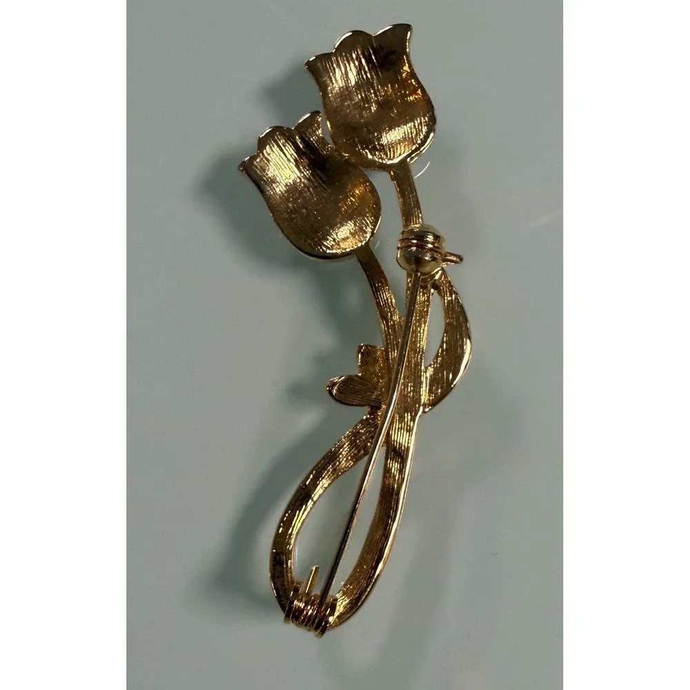 VTG Black & Gold Enamaled Gold Tone Tulip Brooch w/ Clear‎ Rhinestones